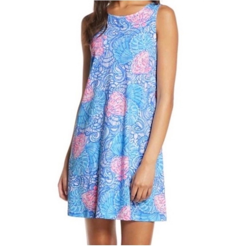 Lilly Pulitzer Blue Pink Seashell Print Pima Cotton Lattice Back Dress XXS